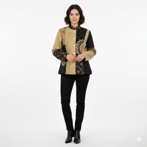 Indigo Moon Art to Wear Patchwork Jacket M Boho Embroidered Gold Black Blazer